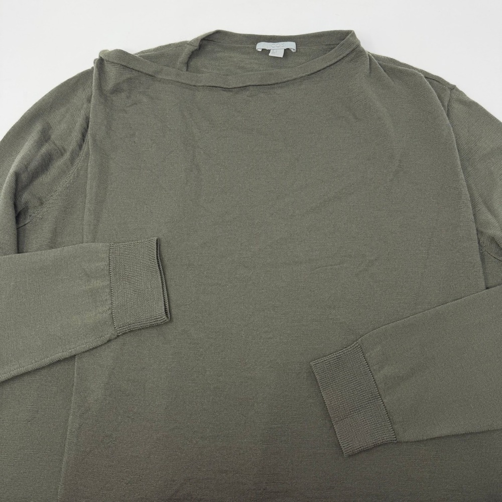 COS Womens Faux Wrap Wool Sweater Olive Green Longline Pullover Size L